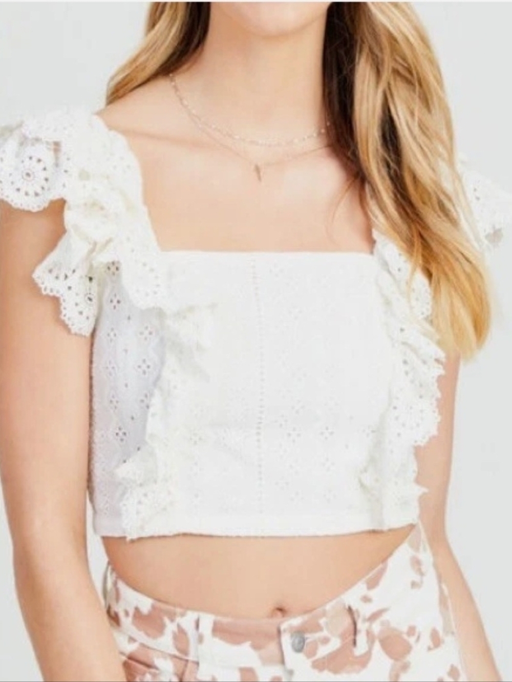 Altar'd State White Moselle Ruffle Lace Eyelet Crop Top Boho Smocked Back Large